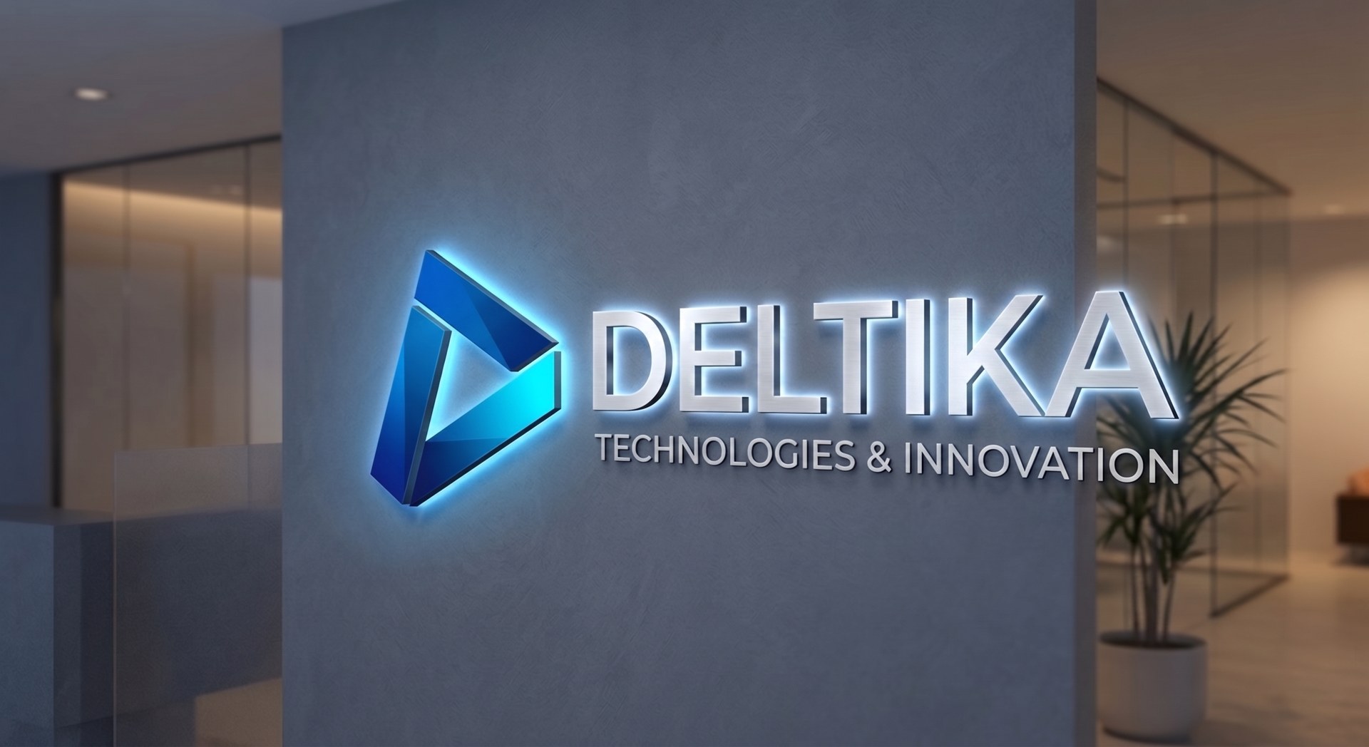 Deltika office wall with the company mark and Technologies & Innovation wordmark